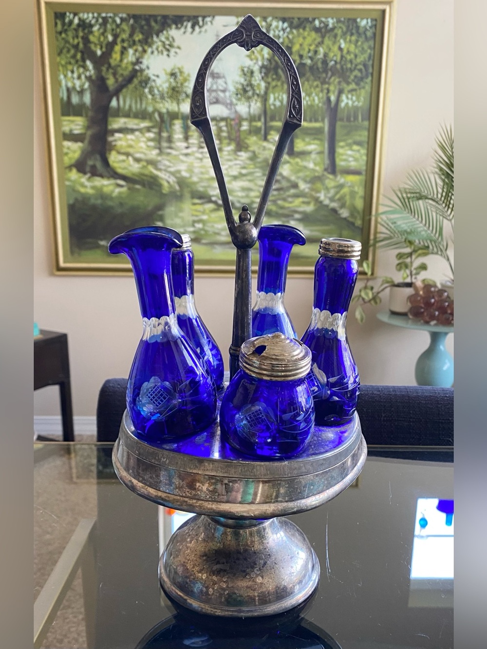 Antique Silver Plated Cruet Caster Set w 6 Cobalt Cut to Clear Crystal Bottles